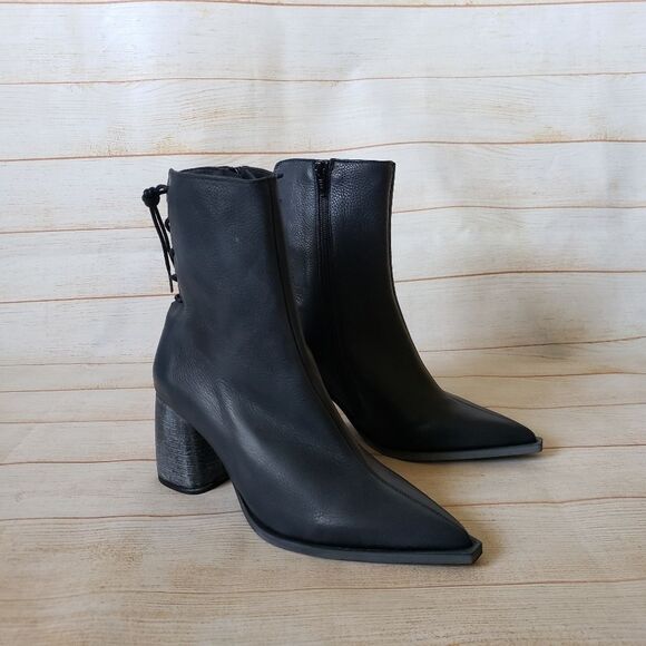 Free People Livia Leather Laceback Side Zip Pointy Toe Blue Block Heel Size 38 - Picture 6 of 16